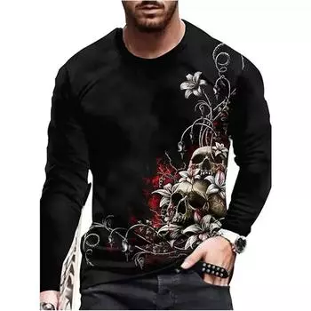 Мужская футболка весна и осень с рисунком черепа ужаса, 3D-принт, О-образный воротник, длинный рукав, свободная винтажная футболка с принтом S
