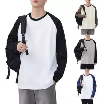 Мужская футболка весна-осень, цветной свободный свитер с круглым вырезом и длинными рукавами, повседневная школьная спортивная одежда L кофейный