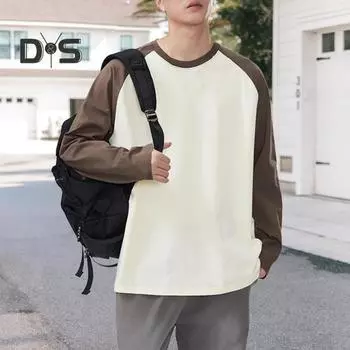 Мужская футболка весна-осень, цветной свободный свитер с круглым вырезом и длинными рукавами, повседневная школьная спортивная одежда L темно-синий