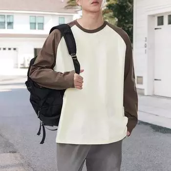 Мужская футболка весна-осень, цветной свободный свитер с круглым вырезом и длинными рукавами, повседневная школьная спортивная одежда L кофейный