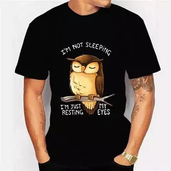 Мужская футболка «Я не сплю, я просто отдыхаю глазами», кавайная футболка, мужская и женская футболка, рубашки с забавным рисунком совы, рубашки Харадзюку S чёрный