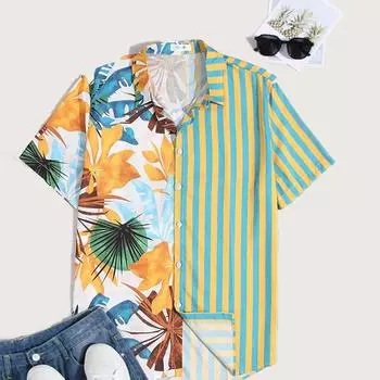 Мужская гавайская полосатая пляжная рубашка с принтом, мужская рубашка с отложным воротником и короткими рукавами, кардиган S зелёный