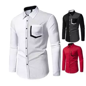 Мужская гавайская рубашка контрастного цвета с длинным рукавом, лацканами, принтом в стиле пэчворк, карманами, повседневная приталенная рубашка для мужчин в уличном стиле S белый