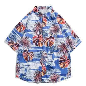 Мужская Гавайская рубашка с лацканами и пуговицами, модная рубашка с коротким рукавом и цветочным принтом, ретро, летняя праздничная пляжная рубашка M синий/белый