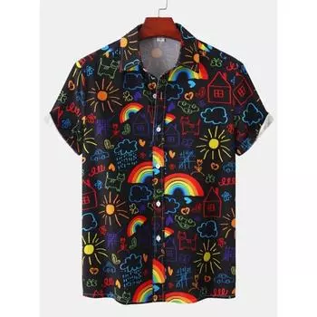 Мужская гавайская рубашка с радужным принтом, рубашка Aloha с цветным 3D-граффити, повседневный топ, рубашка с короткими рукавами S