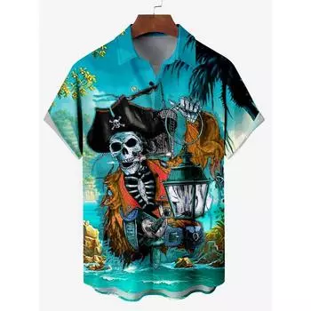 Мужская гавайская рубашка с рисунком скелета пирата капитана шторма парусного спорта с рисунком из мультфильма рубашка с коротким рукавом летние свободные пляжные рубашки для мальчика M