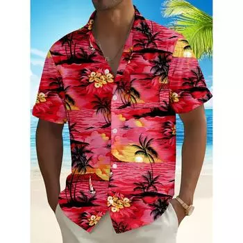 Мужская гавайская рубашка в тропическом стиле с принтом «Красный закат и пальма» S