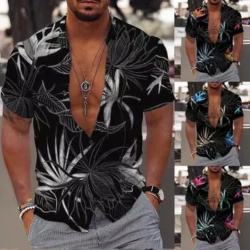 Мужская гавайская рубашка, забавная рубашка с коротким рукавом на пуговицах, тропическая праздничная пляжная рубашка L чёрный