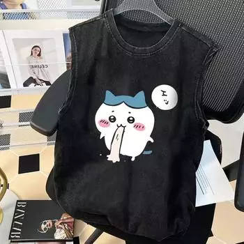 Мужская графическая футболка Chiikawa мультяшный принт майка одежда для спортзала винтажная стирка оверсайз без рукавов жилет одежда L