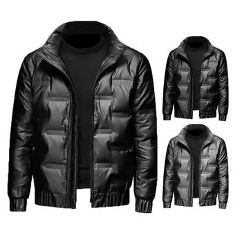 Мужская хлопчатобумажная куртка на пуху, осень-зима, с длинными рукавами, воротником-стойкой и манжетами на молнии, повседневное блестящее однотонное теплое мужское короткое пальто стандартной посадки M чёрный