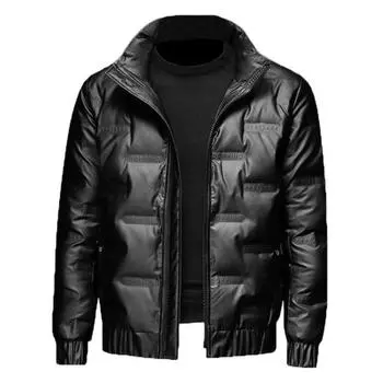 Мужская хлопчатобумажная куртка на пуху, осень-зима, с длинными рукавами, воротником-стойкой и манжетами на молнии, повседневное блестящее однотонное теплое мужское короткое пальто стандартной посадки XL чёрный