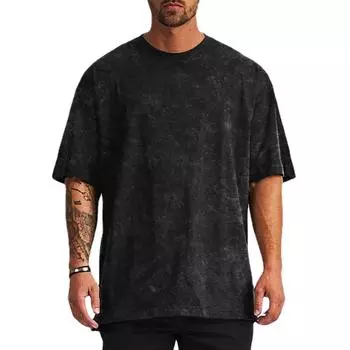 Мужская хлопковая футболка оверсайз с короткими рукавами и заниженными плечами, потертая в кислоте свободная футболка для спортзала, бодибилдинга L чёрный