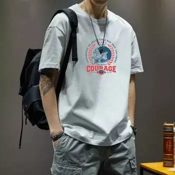 Мужская хлопковая футболка с короткими рукавами и круглым вырезом с половиной рукавов, повседневная свободная футболка, мужской пуловер в стиле хип-хоп, рубашка S белый