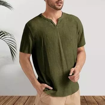 Мужская хлопковая футболка с V-образным вырезом, однотонная повседневная футболка с короткими рукавами, дышащая летняя свободная футболка для повседневной жизни, спорта, путешествий M абрикосовый