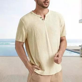 Мужская хлопковая футболка с V-образным вырезом, однотонная повседневная футболка с короткими рукавами, дышащая M абрикосовый