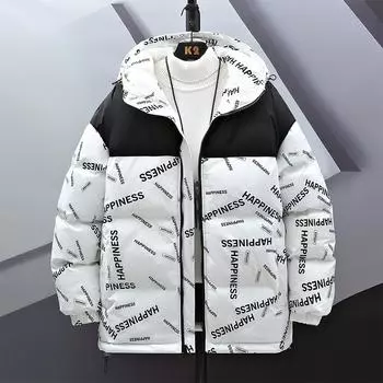 Мужская хлопковая куртка с капюшоном, мужская зимняя толстая хлопковая куртка с принтом, свободная хлопковая куртка M чёрный