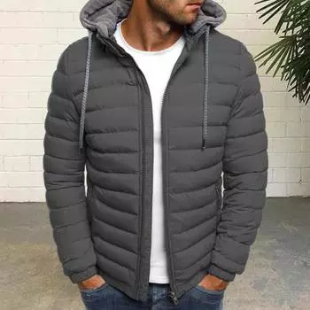 Мужская хлопковая куртка Yousheng с капюшоном, завязками на шнурке, длинными рукавами, застежкой-молнией, повседневное пальто, ветрозащитная плюшевая подкладка, утолщенная теплая верхняя одежда M серый
