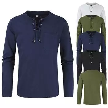 Мужская хлопковая льняная блузка с длинным рукавом, свободная блузка с V-образным вырезом, футболки, блузки M белый