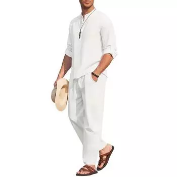 Мужская хлопковая льняная рубашка из двух предметов, повседневная рубашка с воротником хенли и длинными рукавами, летние брюки для отпуска и пляжа S чёрный