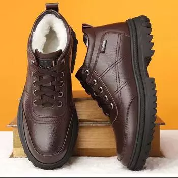 Мужская хлопковая обувь из натуральной кожи и шерсти с плюшевым утеплителем, обувь из натуральной воловьей кожи, высокие толстые подошвы, нескользящие зимние ботинки 44 чёрный