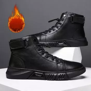 Мужская хлопковая обувь, осенняя и зимняя кожаная обувь, повседневная обувь, спортивная обувь и обувь большого размера, подходящая для холодной погоды 39 теплый черный