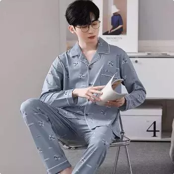 «Мужская хлопковая пижама с длинным рукавом для весны, лета и осени — стильная, универсальная и удобная домашняя одежда больших размеров» M