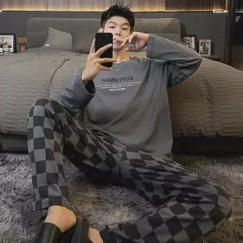 Мужская хлопковая пижама с длинными рукавами — универсальная для всех сезонов, больших размеров, для ношения в помещении и на открытом воздухе XXL Plus Size