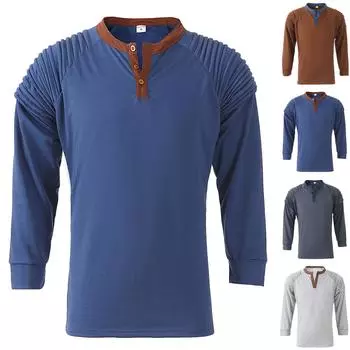 Мужская хлопковая плиссированная повседневная футболка с длинными рукавами и v-образным вырезом на пуговицах L коричневый