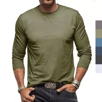 Мужская хлопковая повседневная рубашка с длинным рукавом с круглым вырезом, дышащая свободная футболка с длинным рукавом для мужчин, однотонная, легкая, мягкая, удобная, рабочий пуловер, топ S чёрный