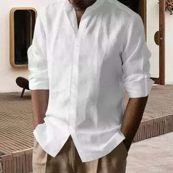 Мужская хлопковая рубашка с длинным рукавом на пуговицах, однотонная рубашка с воротником Генри, повседневная M серый