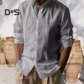 Мужская хлопковая рубашка с длинным рукавом, застегивающаяся на пуговицы, однотонная рубашка с воротником Генри, повседневный топ с регулируемыми рукавами для повседневной носки, пляжного отдыха M белый