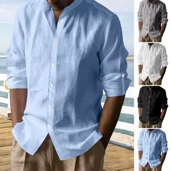 Мужская хлопковая рубашка с длинным рукавом, застегивающаяся на пуговицы, однотонная рубашка с воротником Генри, повседневный топ с регулируемыми рукавами для повседневной носки, пляжного отдыха M чёрный