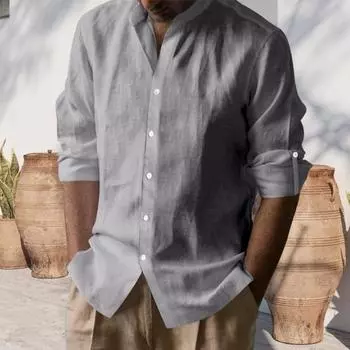 Мужская хлопковая рубашка с длинным рукавом, застегивающаяся на пуговицы, однотонная рубашка с воротником Генри, повседневный топ с регулируемыми рукавами для повседневной носки, пляжного отдыха M белый
