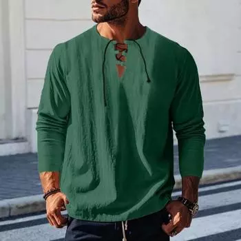 Мужская хлопковая рубашка с V-образным вырезом, длинный рукав, свободная футболка, однотонный летний повседневный топ для повседневной носки, уличной вечеринки, пляжа M зелёный