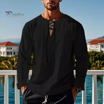 Мужская хлопковая рубашка с V-образным вырезом, длинный рукав, свободная футболка, однотонный летний повседневный топ для повседневной носки, уличной вечеринки, пляжа M чёрный