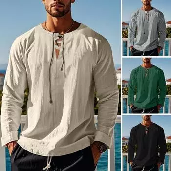 Мужская хлопковая рубашка с V-образным вырезом, длинный рукав, свободная футболка, однотонный летний повседневный топ для повседневной носки, уличной вечеринки, пляжа M абрикосовый