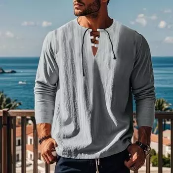 Мужская хлопковая рубашка с V-образным вырезом, длинный рукав, свободная футболка, однотонный цвет M зелёный