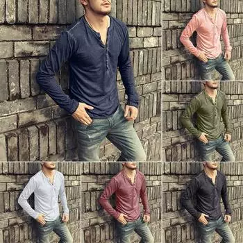 Мужская хлопковая рубашка - V-образный вырез с планкой на пуговицах Простая повседневная рубашка с длинным рукавом L синий