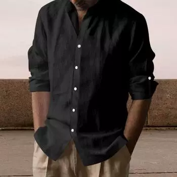 Мужская хлопковая рубашка Yousheng с длинным рукавом, застегивающаяся на пуговицы, однотонная рубашка с воротником Генри, повседневный топ с регулируемыми рукавами для повседневной носки, пляжного отдыха M серый