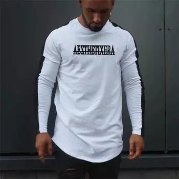 Мужская хлопковая тренировочная одежда Muscleguys для фитнеса, осенние спортивные футболки с длинными рукавами и графическим принтом с буквенным принтом M черный белый