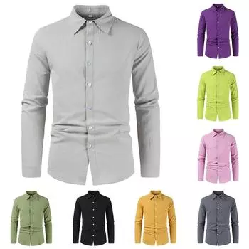 Мужская хлопково-льняная классическая рубашка с длинным рукавом, повседневные однотонные мешковатые топы на пуговицах S чёрный