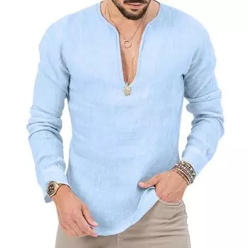 Мужская хлопково-льняная рубашка большого размера на весну и лето, мужские однотонные топы с длинными рукавами и глубоким v-образным вырезом S темно-синий