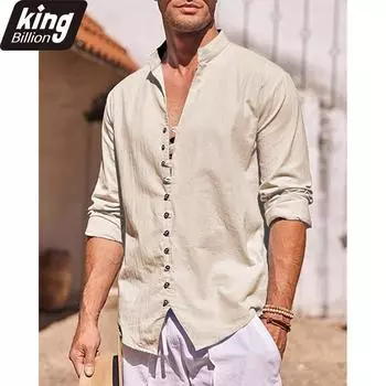 Мужская хлопково-льняная рубашка, мужская пляжная рубашка с длинным рукавом, летняя повседневная однотонная рубашка с воротником Генри S белый
