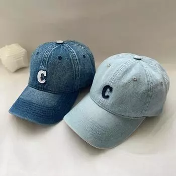 Мужская и женская бейсболка в стиле ретро с мягким верхом и буквой С, джинсовая бейсболка для весны и лета, повседневная, с загнутыми полями, показывающими лицо, маленькая кепка-козырек от солнца adjustable светло-синий
