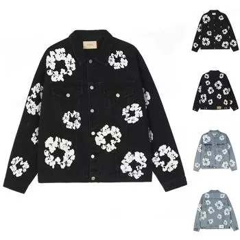 Мужская и женская джинсовая куртка с цветочным принтом XXL чёрный
