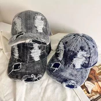 Мужская и женская кепка для пар, защищающая от затенения, модная шляпа, высококачественная модная мужская ретро-кепка из потертого денима с дырками M56-58cm чёрный