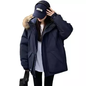 Мужская и женская куртка для пар, зимняя, 2024, новая, меховой воротник, куртка Parker, женская, короткая, свободная, для мужчин S тёмно-синий