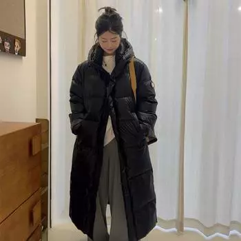 Мужская и женская куртка из гусиного пуха высокого качества, графеновая длинная куртка с капюшоном, утолщенная пара, черное пальто S85-57.5 kg