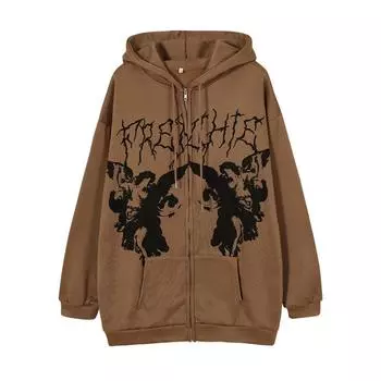 Мужская и женская куртка с капюшоном и принтом в виде букв ангела в стиле ретро, свободная куртка-молния в эстетическом стиле Y2K и карманы с длинными рукавами на осень/зиму XL