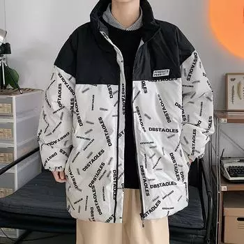 Мужская и женская куртка в гонконгском стиле с воротником-стойкой и буквенным принтом, осенне-зимняя куртка из утолщенного бархата, мужская стеганая куртка, одежда для пар M чёрный